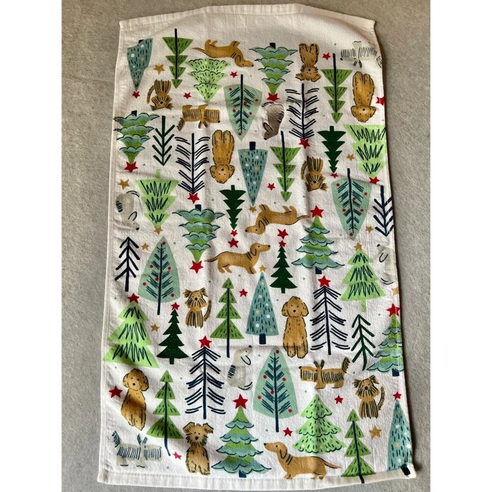 Whimsical Christmas Dogs & Trees Cotton Tea Towel Kitchen Decor